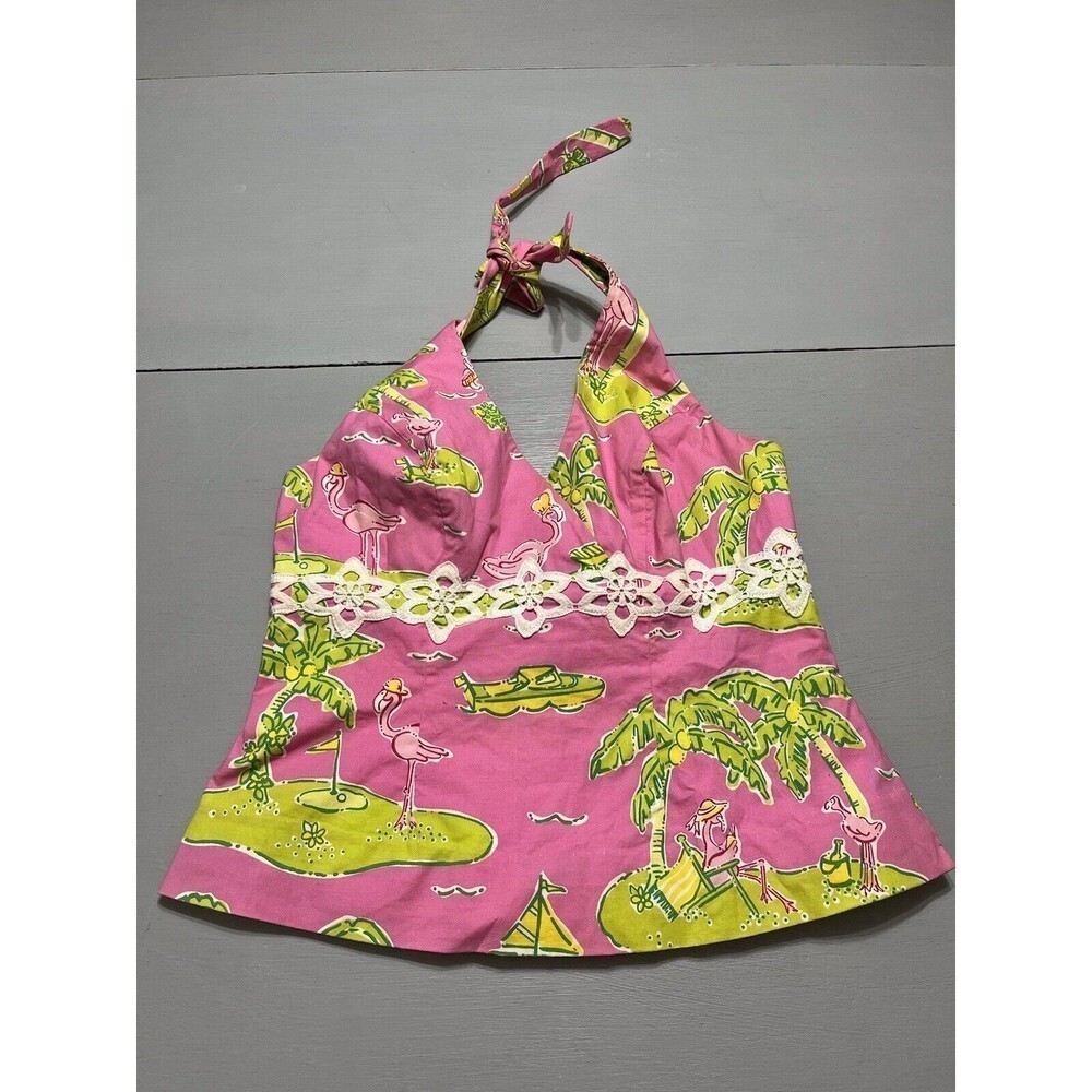 Lilly Pulitzer Halter Top Size 2 Pink Flamingo Island Vacation Cruise Boating - Picture 2 of 10